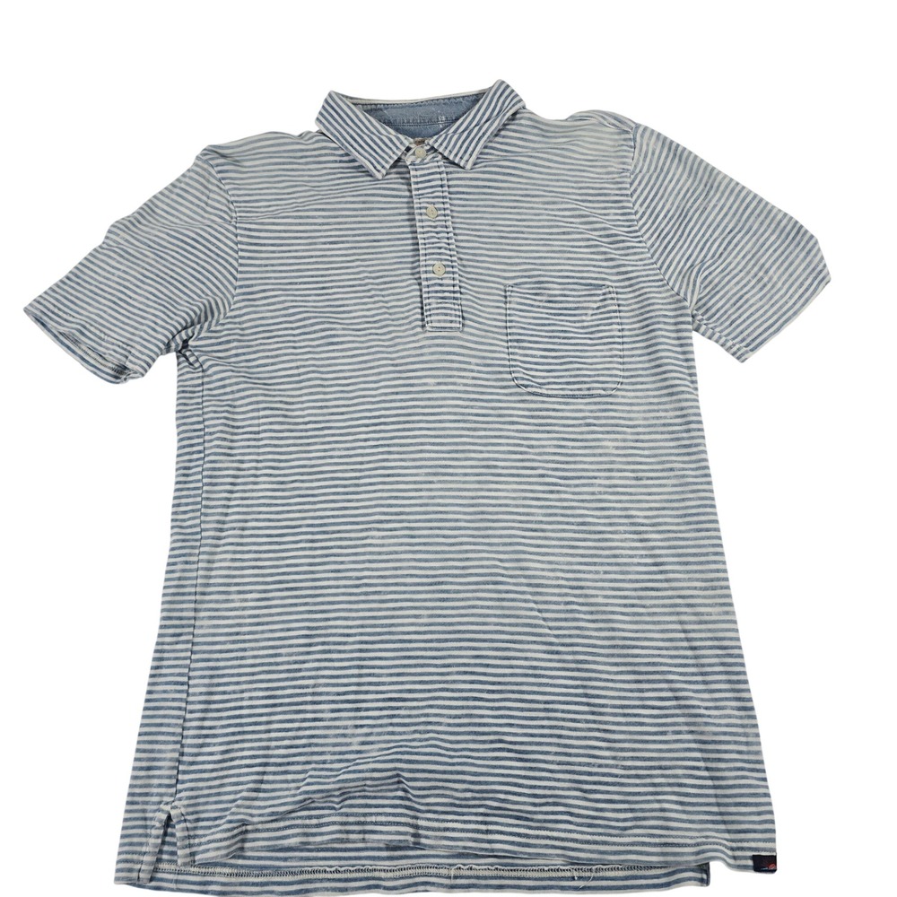 Faherty Brand Mens Small Indigo Dyed Striped Polo Shirt Blue White Short Sleeve